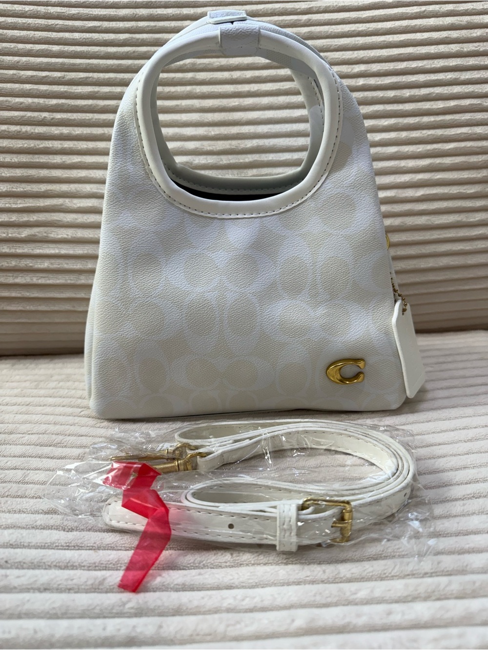 Coach White Mini Signature Tote with Gold C Accent